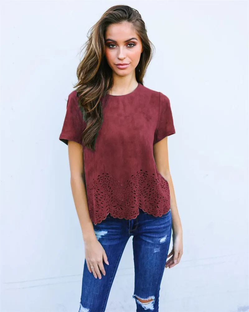 Fashion Women Faux Fur Short Sleeve Hollow Out O-neck T-shirt Tops Suede Leather Asymmetrical Hem T-shirt Outwear Summer Hot New
Fashion Women Faux Fur Short Sleeve Hollow Out O-neck T-shirt Tops Suede Leather Asymmetrical Hem T-shirt Outwear Summer Hot New