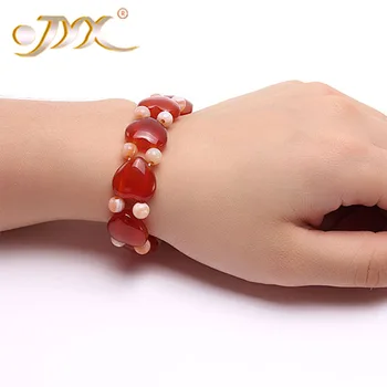 JYX Agate Bracelet 6mm Red Orange Round and Heart-shaped Red Agate Bracelet 8"