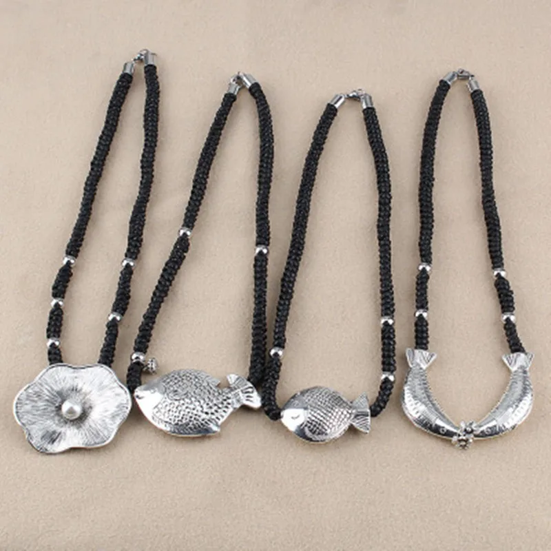 

Lotus Fish Pendant Necklaces For Women Fashion Short Necklace Zinc Alloy Rope Chain Statement Necklace Female Vintage Jewelry