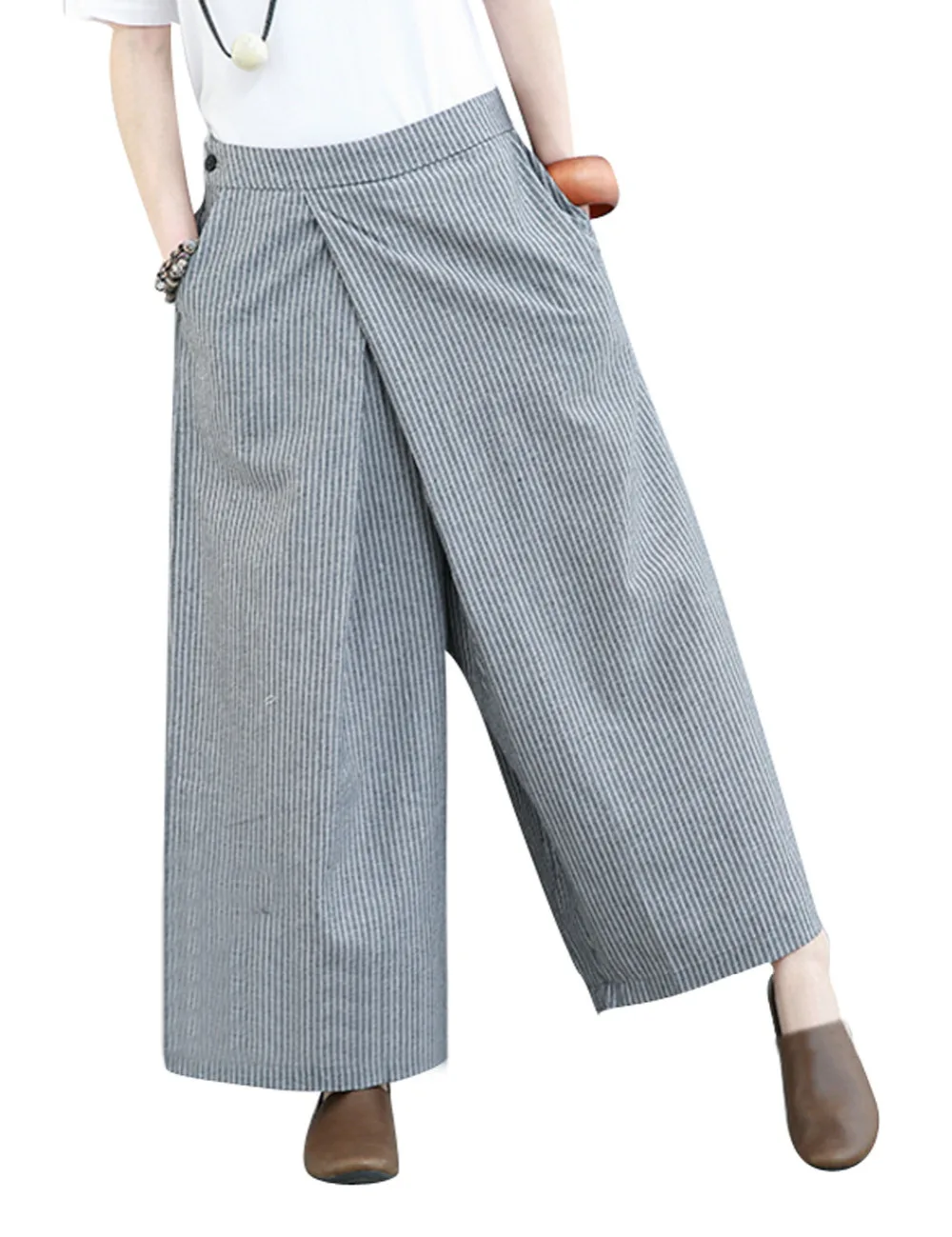 Yesno P62 Women Casual Loose Cropped Flares Pants 100% Cotton Pinstripe Low Crossing Crotch Wide Leg Elastic Waist | Женская одежда