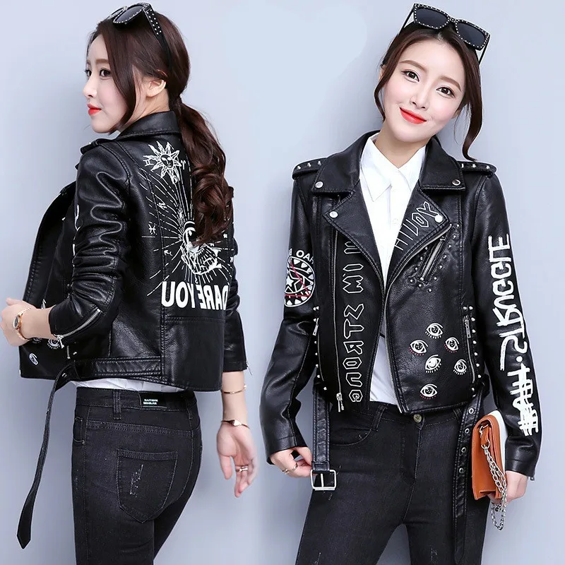 Printed Letters Punk Rivets Jacket Women Moto Coat Female Black Pu Faux Leather Coat With Belt Faux Leather Women Clothes 2019
Printed Letters Punk Rivets Jacket Women Moto Coat Female Black Pu Faux Leather Coat With Belt Faux Leather Women Clothes 2019