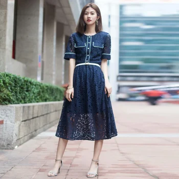 XF High Quality Lace Dress Summer New Women'S Elegant Office Exquisite Dress Retro Dark Blue Lace Hollow Holiday Party Dress
XF High Quality Lace Dress Summer New Women'S Elegant Office Exquisite Dress Retro Dark Blue Lace Hollow Holiday Party Dress