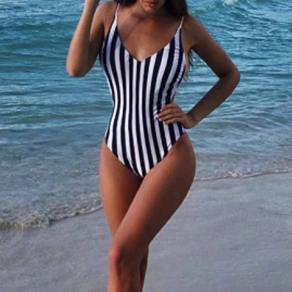 Sexy One Piece Swimsuit Women Casual Black Bikini Set Striped Printing Hang Neck Swimwear Push Up Padded Beachwear
Sexy One Piece Swimsuit Women Casual Black Bikini Set Striped Printing Hang Neck Swimwear Push Up Padded Beachwear