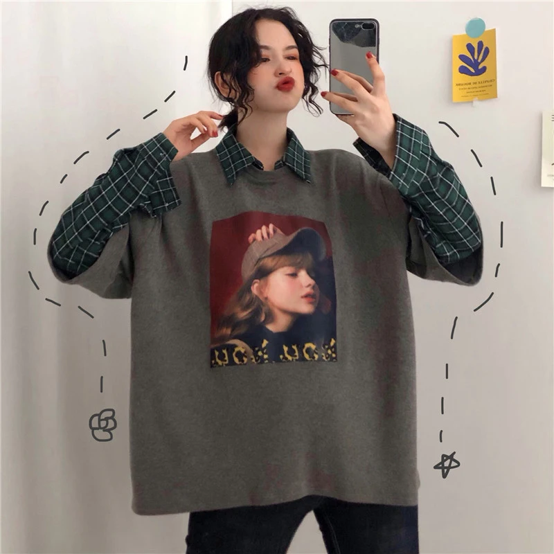 3 Colors Mihoshop Ulzzang Korean Korea Women Fashion Lapel Cartoon Print Gird Plaid Long Sleeve Fake 2 Pieces Set T shirt
3 Colors Mihoshop Ulzzang Korean Korea Women Fashion Lapel Cartoon Print Gird Plaid Long Sleeve Fake 2 Pieces Set T shirt