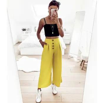 Women Summer Casual Wide Leg High Elastic Waist Pants Ladies Solid Button Pleated Loose Ankle-Length Trousers 
Women Summer Casual Wide Leg High Elastic Waist Pants Ladies Solid Button Pleated Loose Ankle-Length Trousers
