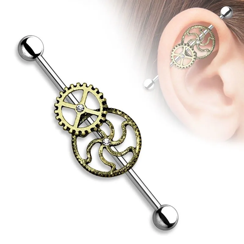 14g Industrial Barbell Burnish Gold Steampunk 316L Surgical Steel Bar