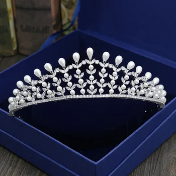 

SLBRIDAL Crystals Rhinestones Pearls Copper Cubic Zircon Wedding Tiara CZ Bridal Queen Princess Pageant Party Crown Bridesmaids