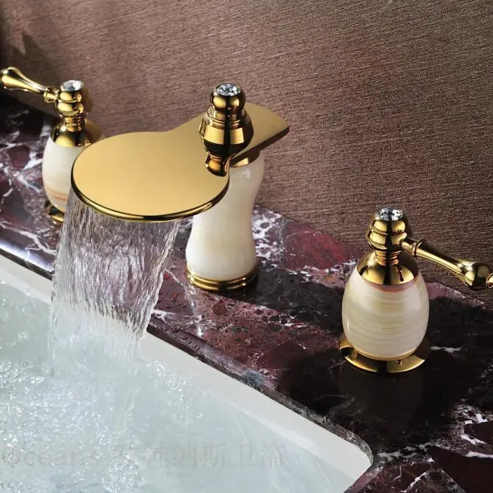 European antique marble double the three-hole waterfall natural jade gold-plated copper basin taps full eight inches
European antique marble double the three-hole waterfall natural jade gold-plated copper basin taps full eight inches