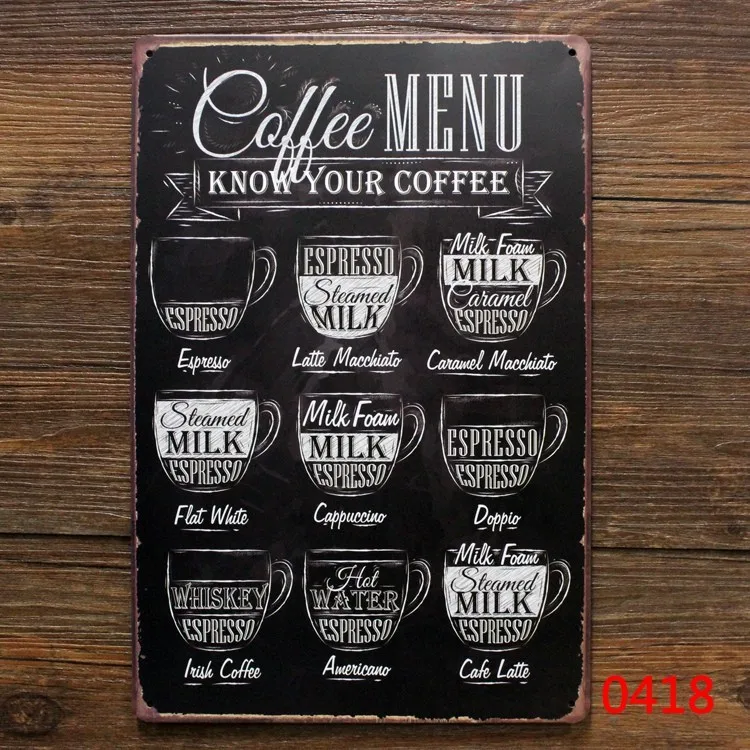 Фото Кофейное меню знает вас кофе. Ретро жестяной знак винтажные металлические знаки