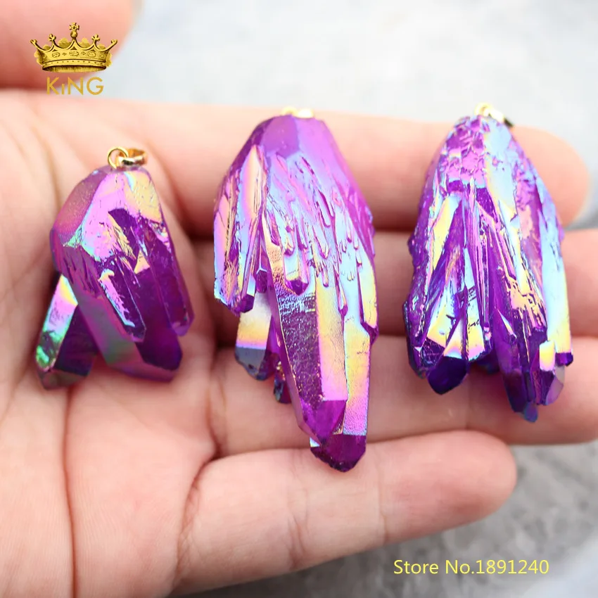 5pcs Cluster Quartz Points Pendants Large Purple AB Titanium Raw Crystals with Gold Clasp Stones Charms Necklace XY02 | Украшения и