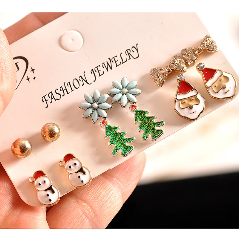 

Fashion women accessories, girls, boys, Christmas trees, snowmen, Santa Claus earrings, 6 pairs of /set Earrings proxy shipping