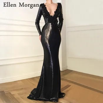 Saudi Arabian Black Mermaid Evening Dresses with Long Sleeves Lace Beaded Sequined V Neck Dubai Caftan Zipper Formal Gowns 2019
Saudi Arabian Black Mermaid Evening Dresses with Long Sleeves Lace Beaded Sequined V Neck Dubai Caftan Zipper Formal Gowns 2019