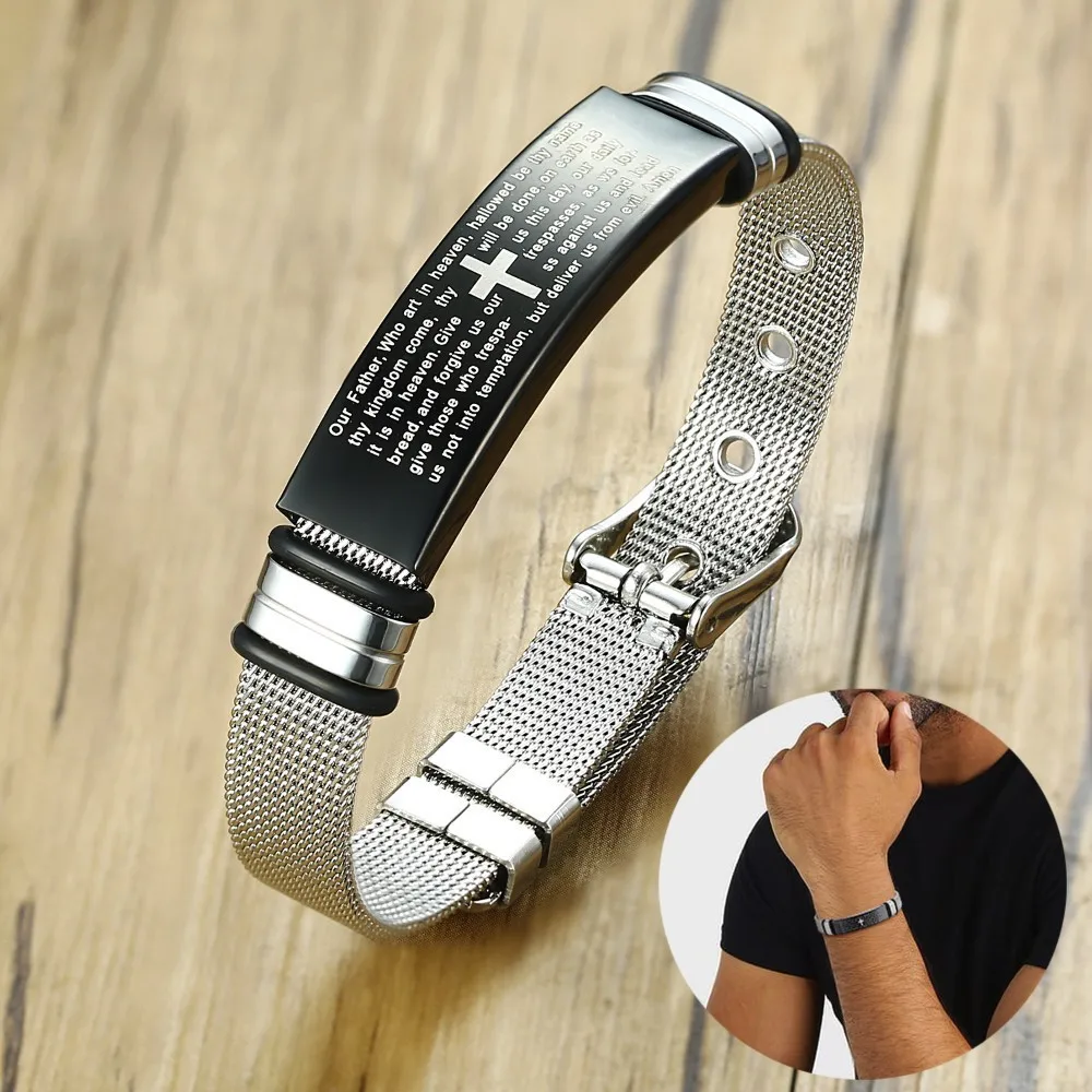 Men's English Cross Bible Lord's Prayer ID Micro-Mesh Bracelet in Stainless Steel Adjustable Belt Buckle Clasp Male Jewelry
Men's English Cross Bible Lord's Prayer ID Micro-Mesh Bracelet in Stainless Steel Adjustable Belt Buckle Clasp Male Jewelry