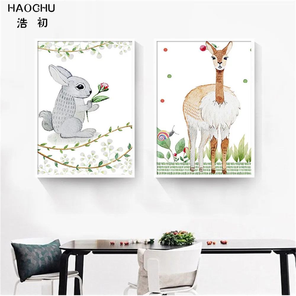 HAOCHU CARTOON ANIMALS squirrel deer elephant Mural WALL PICTURE Canvas Painting Wall poster decorations for home STUDY | Дом и сад