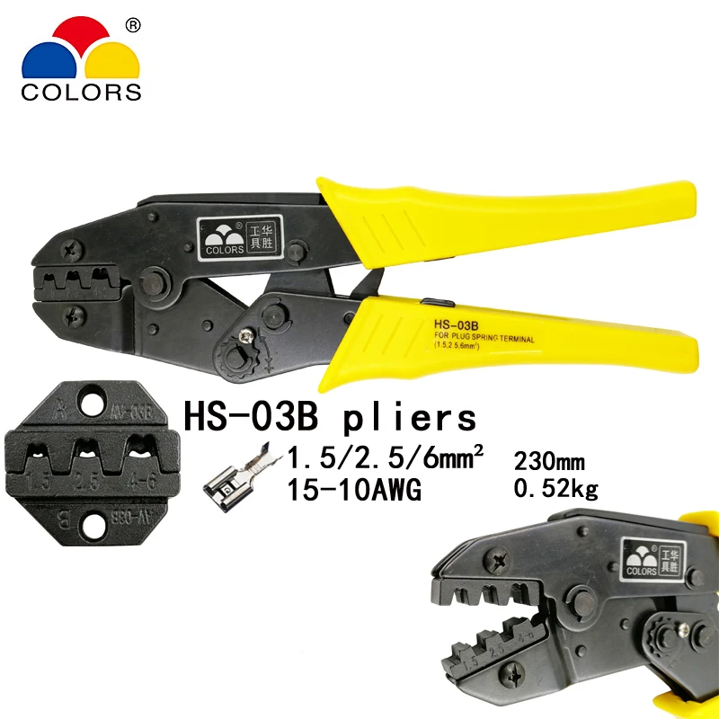 COLORS HS-03B crimping pliers for non-insulated tabs and receptacles self-adjusting capacity 1.5-6mm2 15-10AWG brand hand tools
COLORS HS-03B crimping pliers for non-insulated tabs and receptacles self-adjusting capacity 1.5-6mm2 15-10AWG brand hand tools