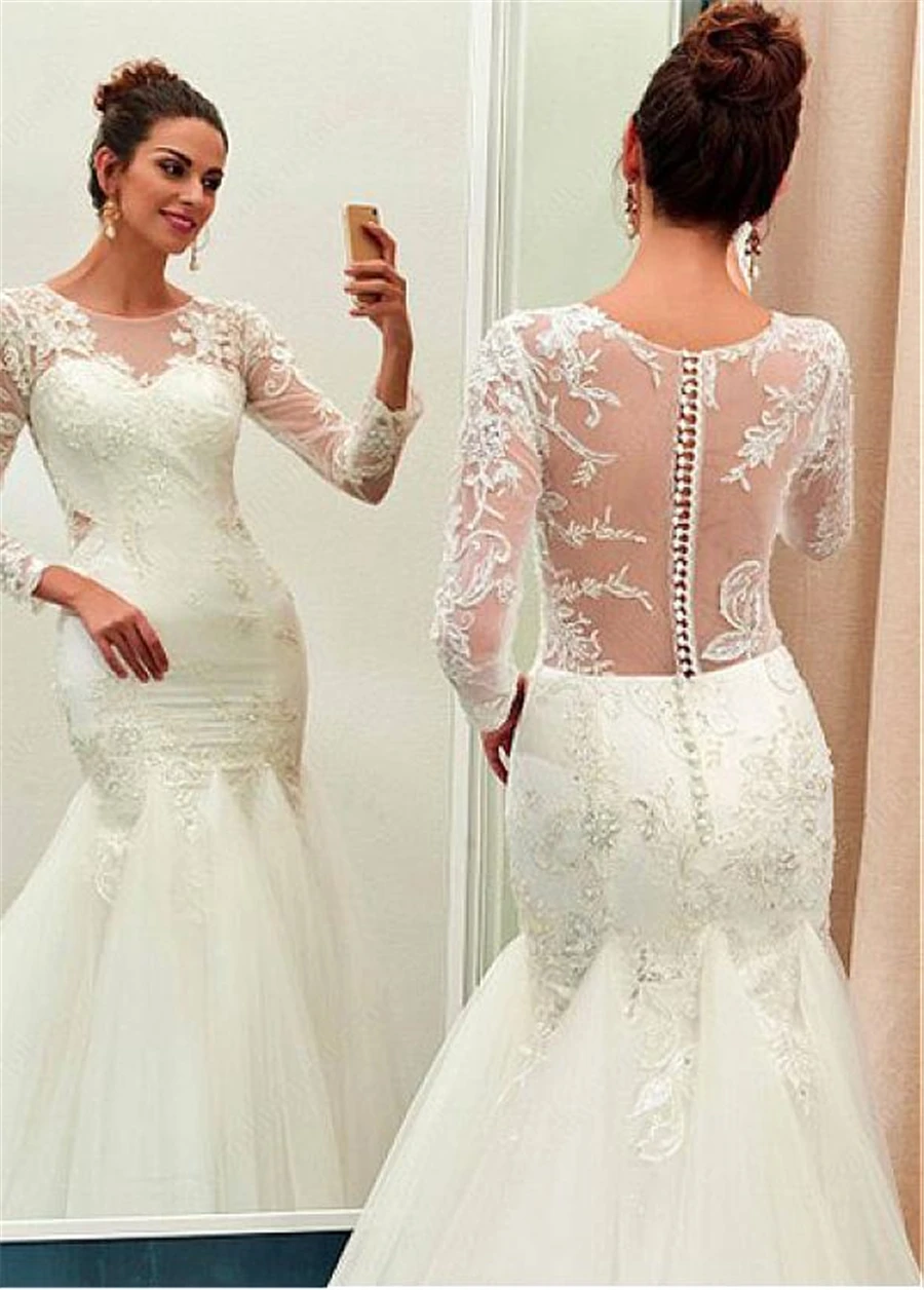 Chic Tulle Jewel Neckline Mermaid Wedding Dress With Beaded Lace Appliques Long Sleeves See Through Bridal Dresses
Chic Tulle Jewel Neckline Mermaid Wedding Dress With Beaded Lace Appliques Long Sleeves See Through Bridal Dresses