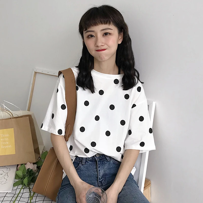 Summer Women's Wear Korean Loose Polka Dot T Shirts Round Collar Short-sleeved White T-shirt Students Casual Simple Sweet Tops
Summer Women's Wear Korean Loose Polka Dot T Shirts Round Collar Short-sleeved White T-shirt Students Casual Simple Sweet Tops