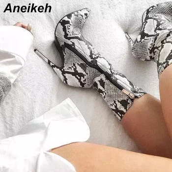 

Aneikeh Chelsea Boots Spring New Women Snake Skin Pointed Toe Mid-calf Zipper Side Stiletto Heel Sexy Short Boots Lady Bootie