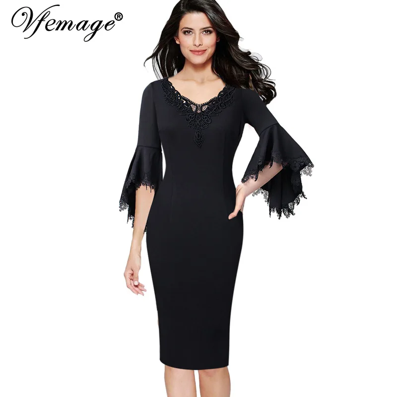

Vfemage Womens Elegant Crochet Lace Floral Applique Ruffle Flare Bell Sleeve Slim Casual Cocktail Party Bodycon Sheath Dress 957