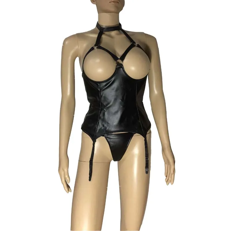 

Sexy Women's Black Faux Leather Strappy Halter Neck Cupless Bustier Bodysuit Teddy with Garter Belt Mistress Costume Lingerie