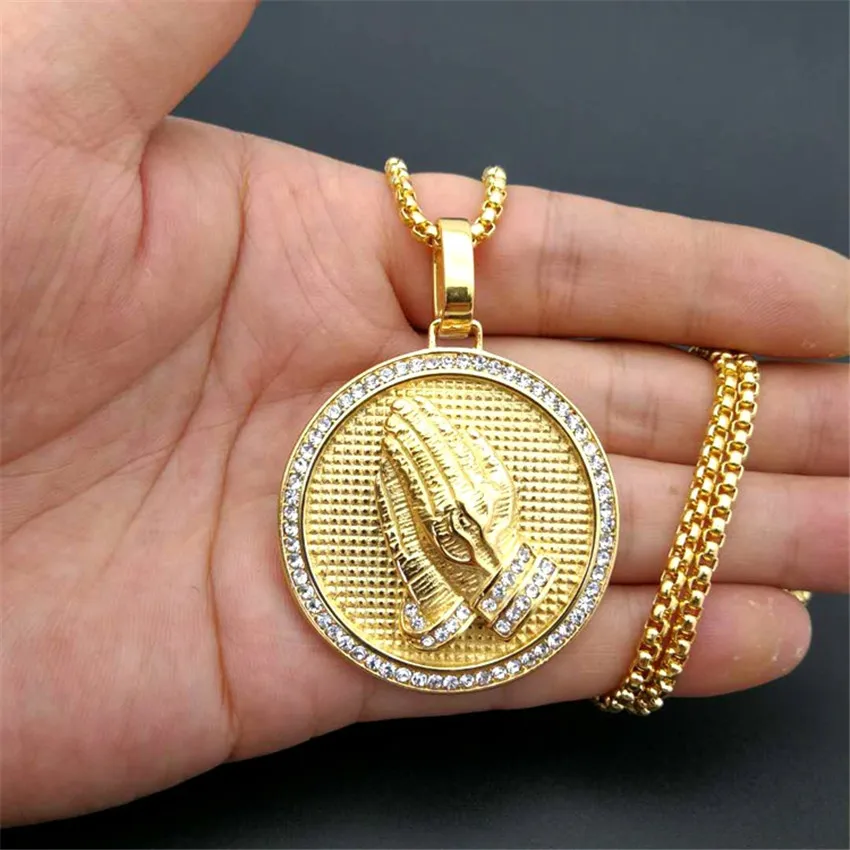 Iced Out Round Praying Hands Necklace & Pendant With Stainless Steel Chain Gold Color Bling Cubic Zircon Men's Hip hop Jewelry F
Iced Out Round Praying Hands Necklace & Pendant With Stainless Steel Chain Gold Color Bling Cubic Zircon Men's Hip hop Jewelry F