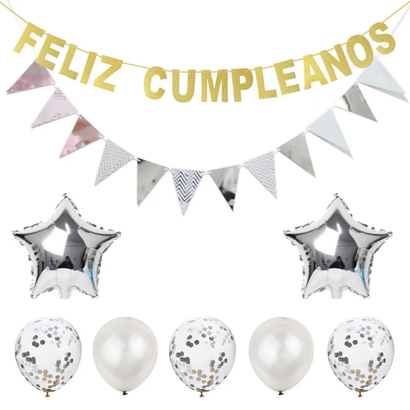 Фото Spain Feliz Cumleanos Shimmering Hanging Flag for Birthday party Decoration happy theme Bright ballon Flags Assembly | Дом и сад