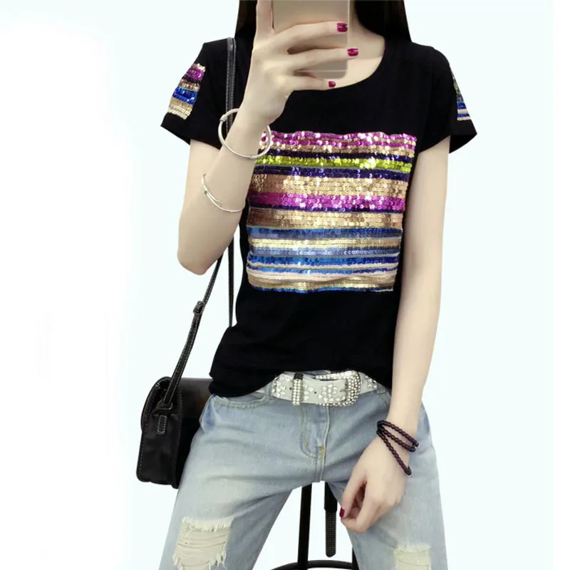 European Clothes Women Fashion T-shirt Summer Sequined Striped T shirt New Short Sleeve O-neck Tees Female Cotton Tops 62129
European Clothes Women Fashion T-shirt Summer Sequined Striped T shirt New Short Sleeve O-neck Tees Female Cotton Tops 62129