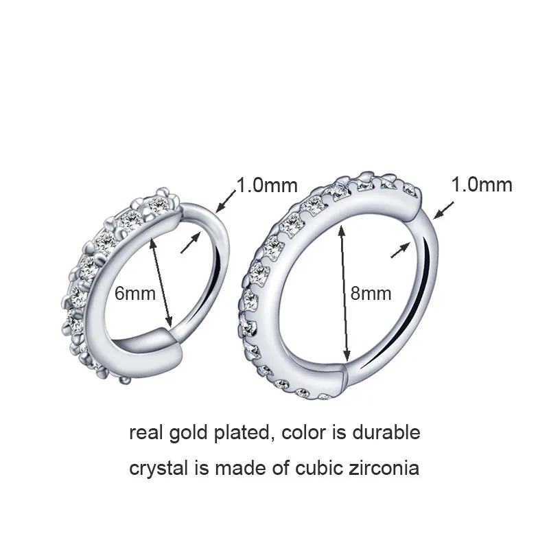 High Quality Nose Rings Septum Jewelry Cartilage Earrings Zircon Crystal Opening Hoop Silver Rose Gold 6mm 8mm Body Piercing New2