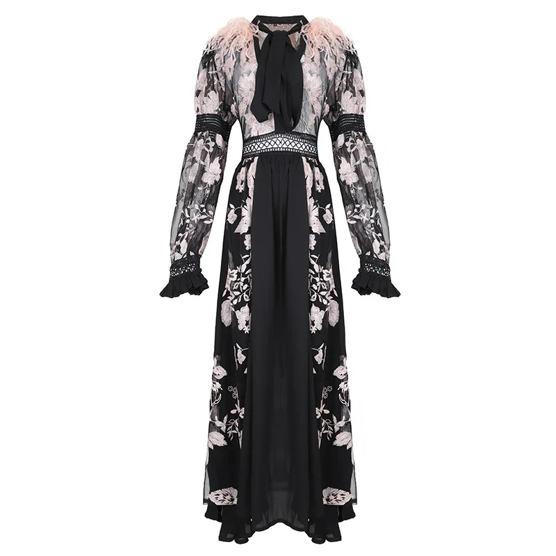 Spring Autumn Women's Lantern sleeve Bow collar Feather embroidery see through Mesh Floral Embroidery Sexy party Long Dress
Spring Autumn Women's Lantern sleeve Bow collar Feather embroidery see through Mesh Floral Embroidery Sexy party Long Dress
