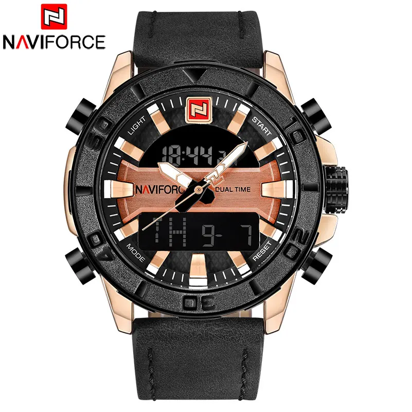 

NAVIFORCE Brand Mens 30M Waterproof Sport Watch Men Leather Band Analog Digital LED Watches Dual Time Clock Relogio Masculino