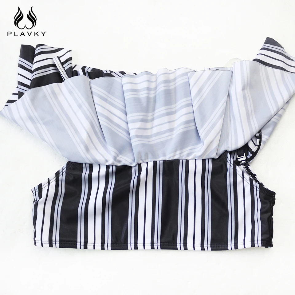 PLAVKY 2018 Sexy White Black Striped High Waist Biquini Ruffled Swim Bathing Suit Swimsuit Swimwear Women Off Shoulder Bikini 16