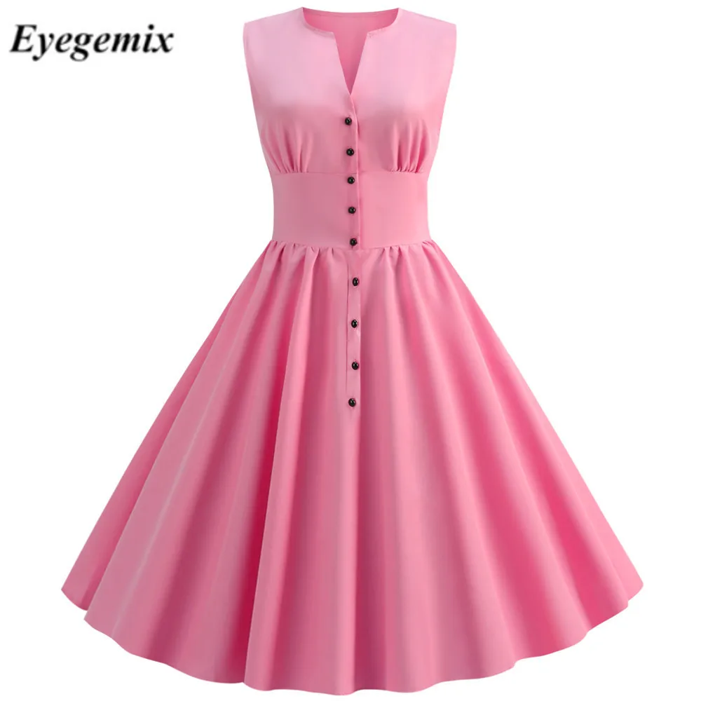Women Summer Vintage Dress Pink V-Neck Sleeveless 50S 60S Pin Up Vestidos Button Fly Evening Party Rockabilly Retro Dress Robe
Women Summer Vintage Dress Pink V-Neck Sleeveless 50S 60S Pin Up Vestidos Button Fly Evening Party Rockabilly Retro Dress Robe