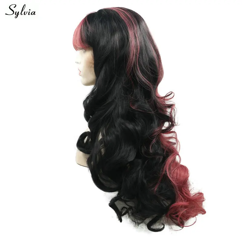 new style fashion wig synthetic lace front wig heat resisitant fiber half black and half red rock wig for women (1)