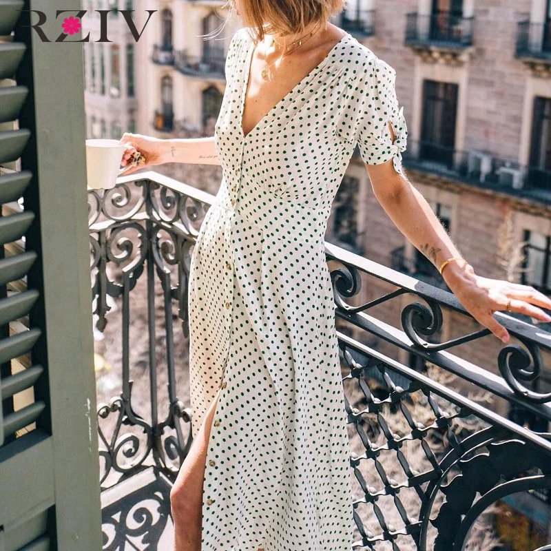 RZIV Summer women dress casual dot print V-neck short-sleeved dress bow decoration
RZIV Summer women dress casual dot print V-neck short-sleeved dress bow decoration