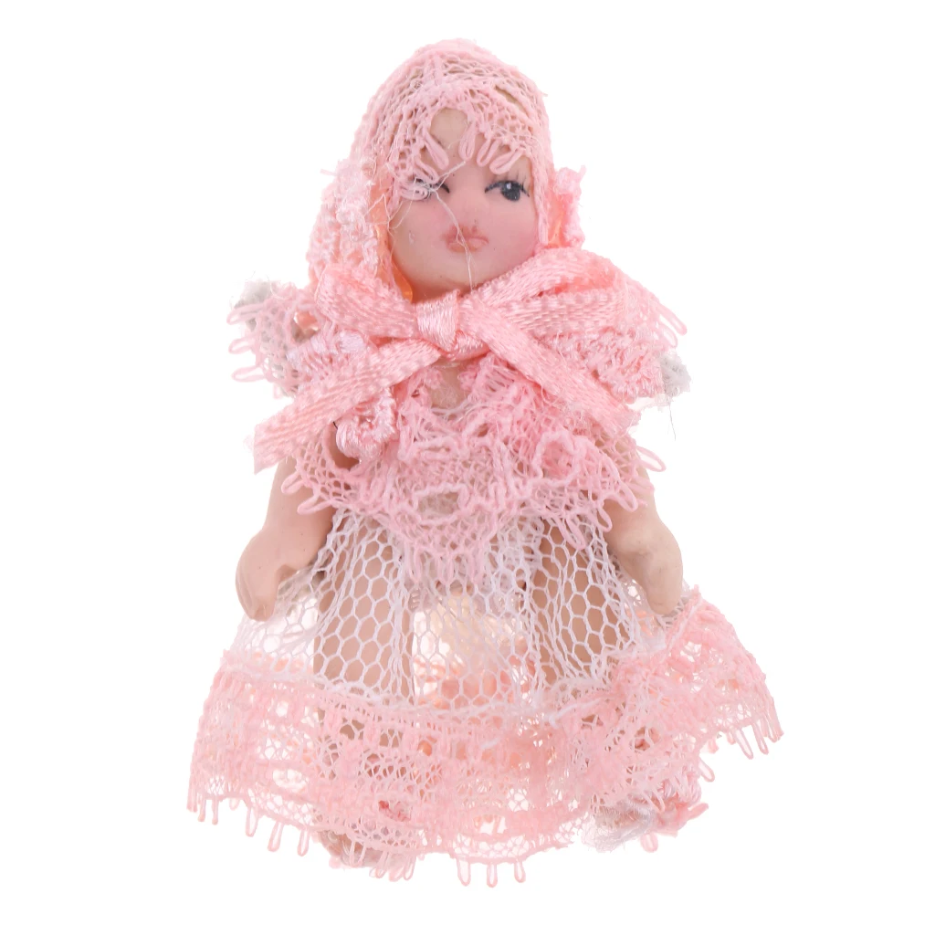 1/12 Scale Dollhouse Miniature People Figures Porcelain Baby Toddler Doll in Pink Lace Dress Rooms Accessories