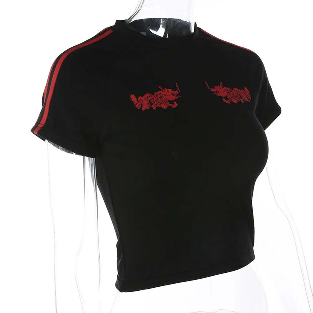 Fashion Slim Waist Women Cropped Dragon Print Stripe T-Shirt O-Neck Stitched Contrast Ribbon Short-Sleeved Short T Shirt
Fashion Slim Waist Women Cropped Dragon Print Stripe T-Shirt O-Neck Stitched Contrast Ribbon Short-Sleeved Short T Shirt