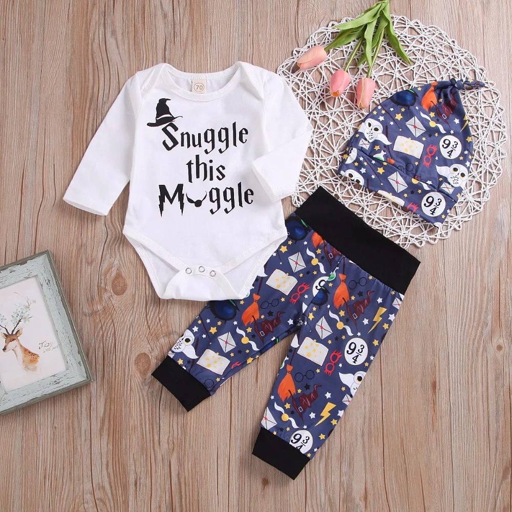

3PCS Baby Boys Clothing Sets 2018 Autumn Long sleeves Snuggle This MuggleTops bodysuits+Halloween Pants+Hat Baby Clothes Outfit