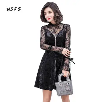 Wsfs 2pieces Winter Dresses Black Long Flare Sleeve Bandage Braces Velvet Women Dress See Through Vintage Sexy Party Lace Dress
Wsfs 2pieces Winter Dresses Black Long Flare Sleeve Bandage Braces Velvet Women Dress See Through Vintage Sexy Party Lace Dress