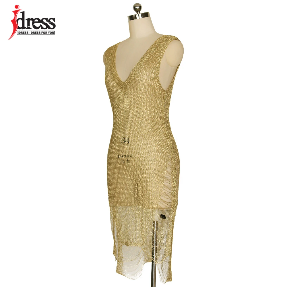 IDress 2017 Sexy Deep V Neck Hollow Out Golden String Knitting Summer Bodycon Women Dresses Sleeveless Mini Club Dress Vestidos (9)