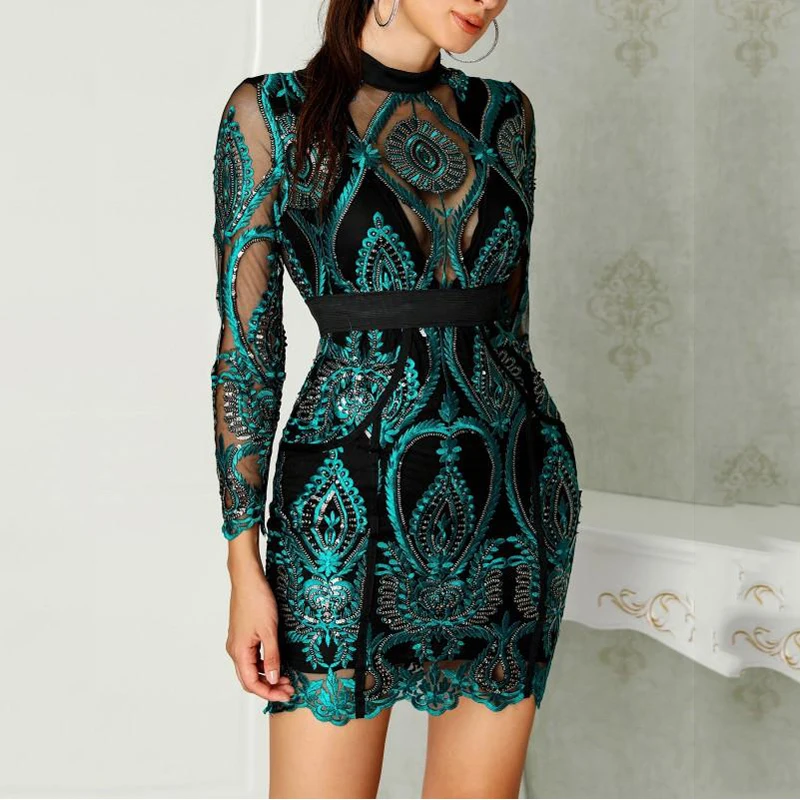 Women Sexy Long Sleeve Mesh See Through Sequined Dresses Ladies Hollow Out Lace Evening Party Dress Elegant Bodycon Dress
Women Sexy Long Sleeve Mesh See Through Sequined Dresses Ladies Hollow Out Lace Evening Party Dress Elegant Bodycon Dress