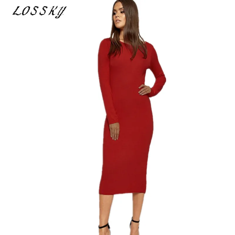 LOSSKY Autumn Solid Midi Dress Sexy O Neck Long Sleeve Women Casual Office Lady Bodycon Dresses Tights Slim Cotton Dress Vestido
LOSSKY Autumn Solid Midi Dress Sexy O Neck Long Sleeve Women Casual Office Lady Bodycon Dresses Tights Slim Cotton Dress Vestido