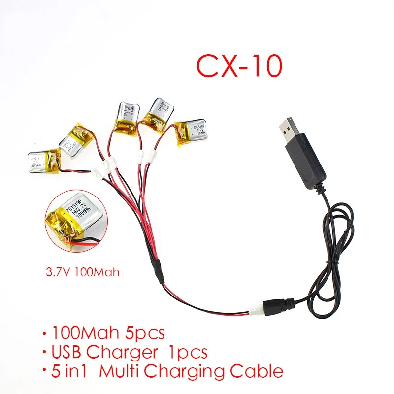 5 шт. 3 7 В 100 мАч батарея с usb-кабелем для Cheerson CX-10 CX-10A WL V272 V282 V292 Hubsan Q4 H111/FQ777-124 Mini RC