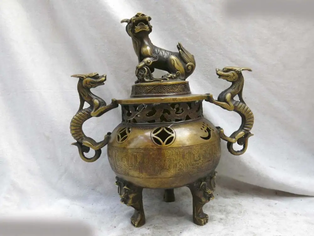 Fine brass censer China carved foo dog lion two dragon incense burner Statue