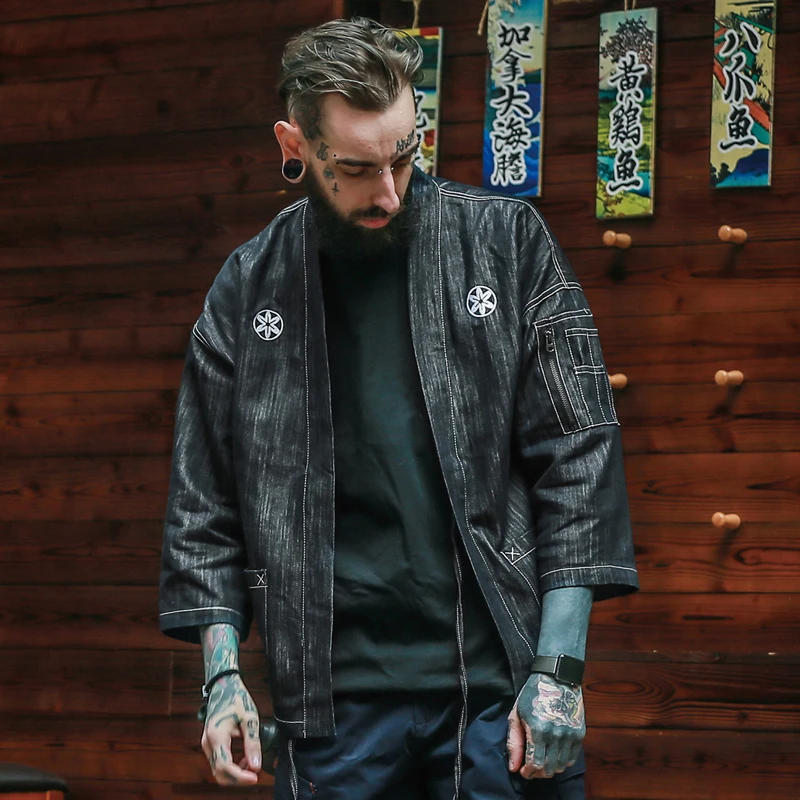 Мужская хлопковая куртка-кимоно черная уличная куртка в стиле хип-хоп на весну и