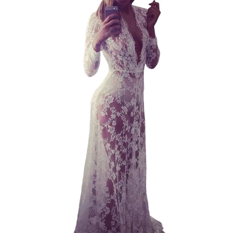 Dresses long new sexy white deep sexy V-neck long-sleeved vestido lace perspective dress women's clothing vestidos YFF6100
Dresses long new sexy white deep sexy V-neck long-sleeved vestido lace perspective dress women's clothing vestidos YFF6100