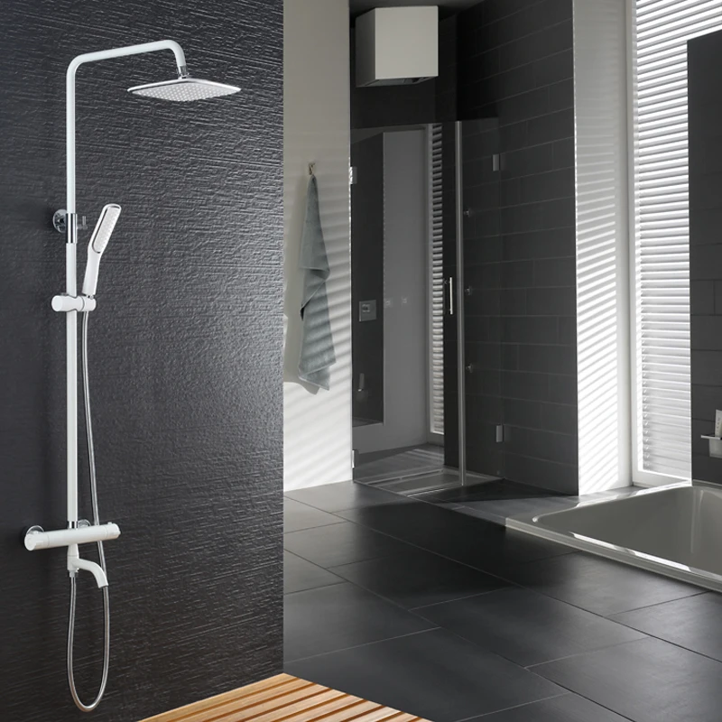 Black/White Bathroom Thermostatic Shower Set Shower Faucet Mixer Tap Antique Brass Dual Handle With Slide Bar Shower with Shelf
Black/White Bathroom Thermostatic Shower Set Shower Faucet Mixer Tap Antique Brass Dual Handle With Slide Bar Shower with Shelf