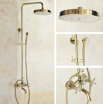 Luxury Polished Gold Color Brass Dual Cross Handles Bathroom Round Rain Shower Faucet Set Bath Tub Mixer Tap Wall Mounted mgf445
Luxury Polished Gold Color Brass Dual Cross Handles Bathroom Round Rain Shower Faucet Set Bath Tub Mixer Tap Wall Mounted mgf445