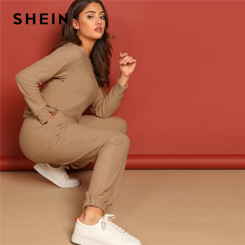 

SHEIN Apricot Round Neck Solid Pullover and Slant Pocket Plain Pants Set 2019 Spring Women Minimalist Streetwear Twopiece