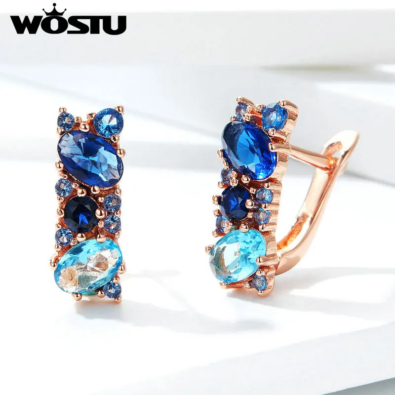 

WOSTU European Style Blue Crystal Clip Earrings Copper Clear CZ Rose Gold Earrings For Women Wedding Engagement Jewelry FFE175