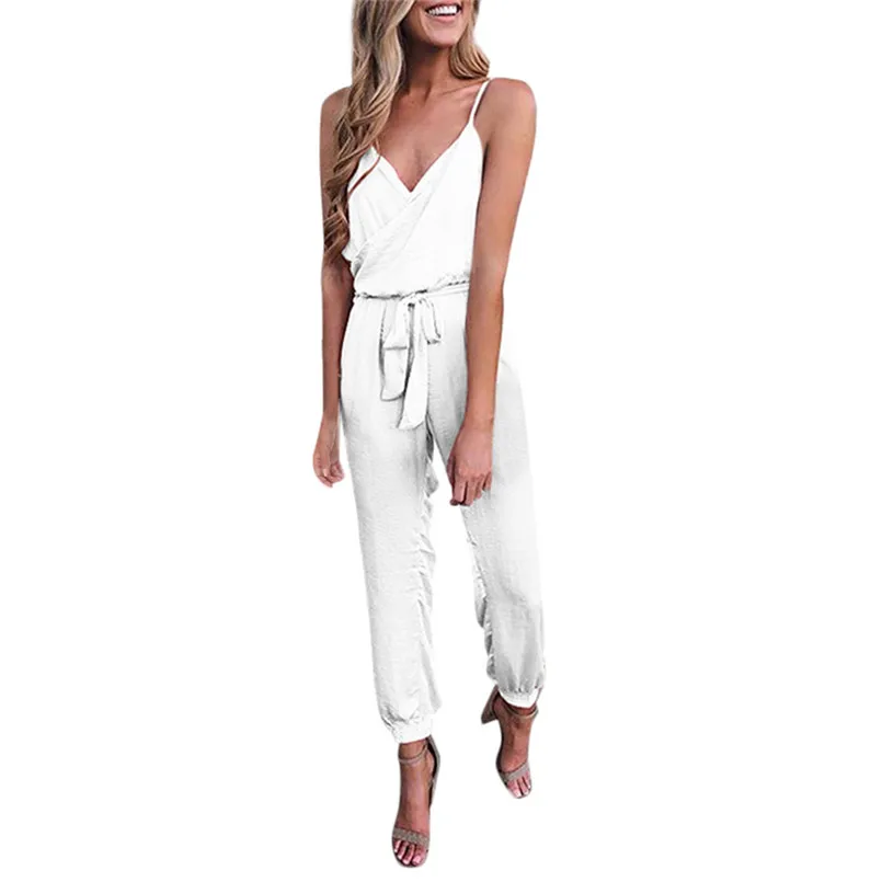 New Summer Women Solid V-Neck Strapless Bandage Ruffled Sleeveless Long Jumpsuits Lady Elegant Playsuit Fashion Jumpsuit #4R07 | Женская